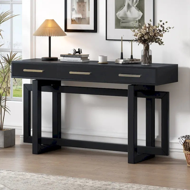 Console élégante avec trois tiroirs, Table d'entrée extra longue pour entrée, couloir, salon, foyer