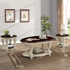 Ensemble de tables basses, Table basse et deux tables d'appoint de 3 pièces pour bureau, salon, finition blanc ébréché et plateau cerisier