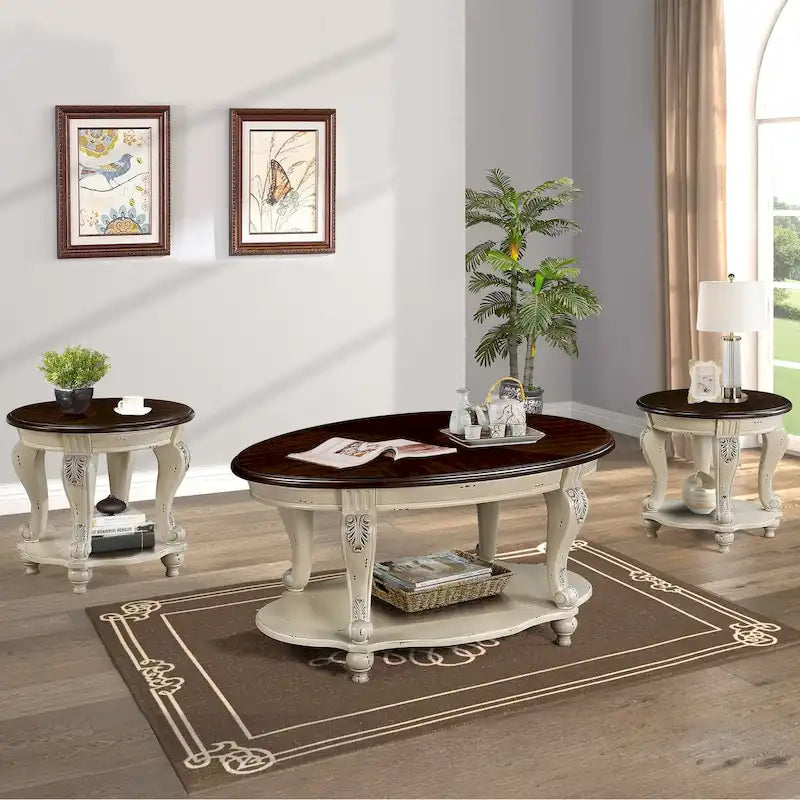 Ensemble de tables basses, Table basse et deux tables d'appoint de 3 pièces pour bureau, salon, finition blanc ébréché et plateau cerisier