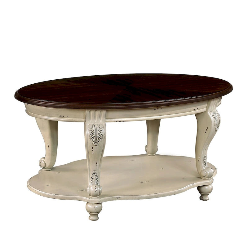 Ensemble de tables basses, Table basse et deux tables d'appoint de 3 pièces pour bureau, salon, finition blanc ébréché et plateau cerisier