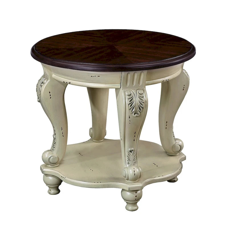 Ensemble de tables basses, Table basse et deux tables d'appoint de 3 pièces pour bureau, salon, finition blanc ébréché et plateau cerisier