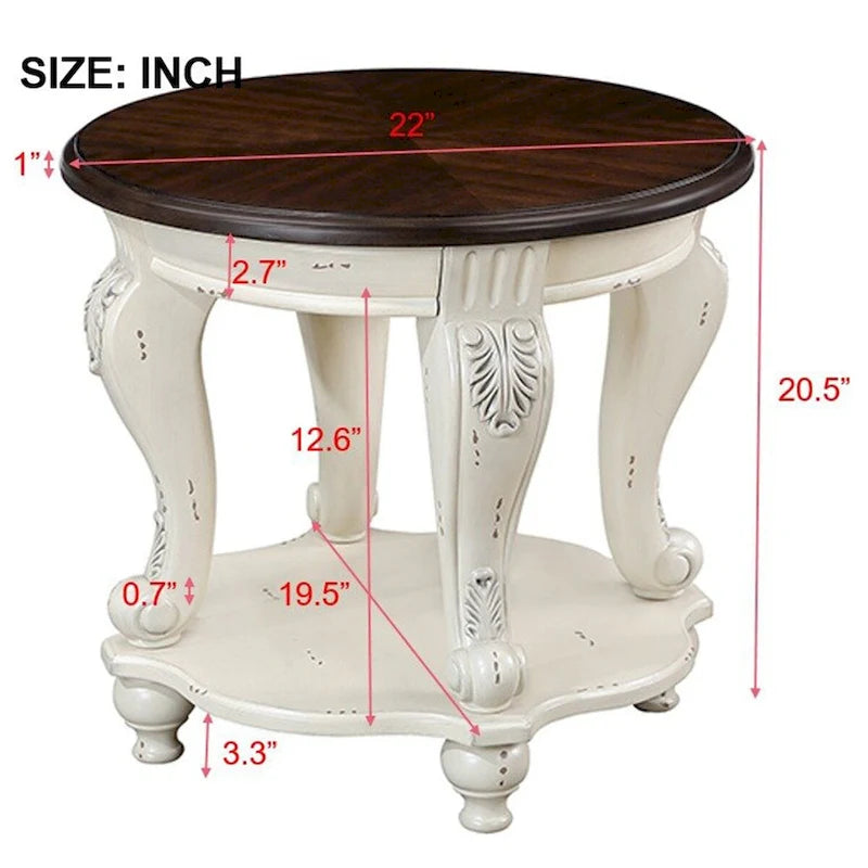 Ensemble de tables basses, Table basse et deux tables d'appoint de 3 pièces pour bureau, salon, finition blanc ébréché et plateau cerisier