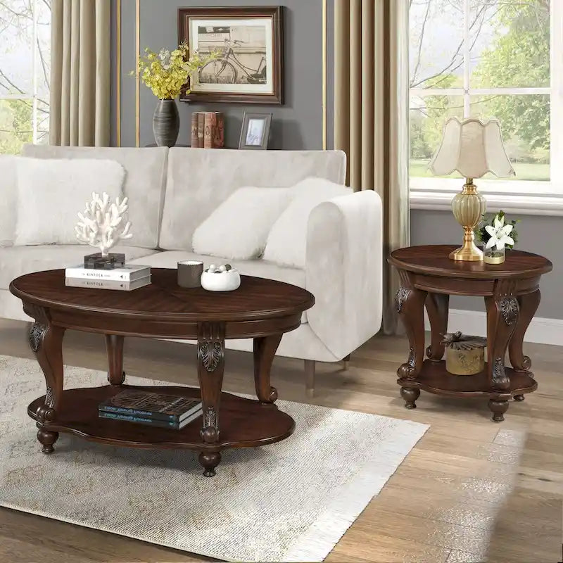 Ensemble de tables basses, Table basse et deux tables d'appoint de 3 pièces pour bureau, salon, finition blanc ébréché et plateau cerisier