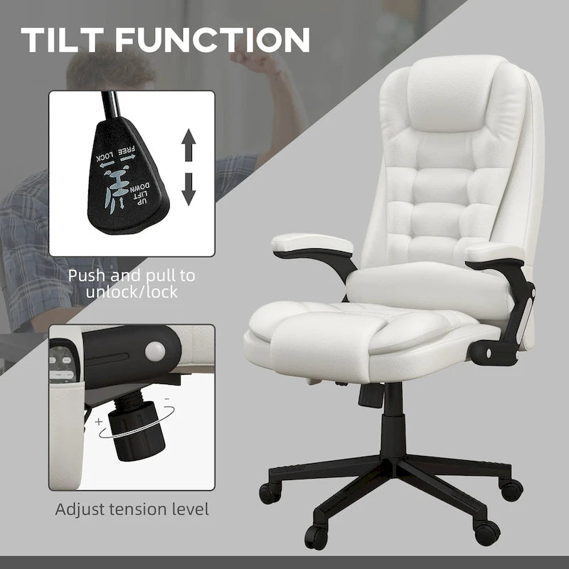 Chaise de bureau de massage vibrant à dossier haut avec 6 points de vibration, fauteuil d'ordinateur inclinable et chauffant avec accoudoir et télécommande