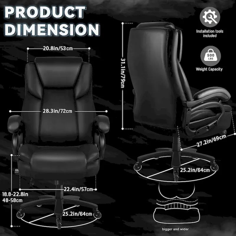 Chaise de bureau de direction Bossin grande taille et forte, 500 lb, avec support lombaire réglable, chaise ergonomique en cuir PU à dossier haut pour ordinateur