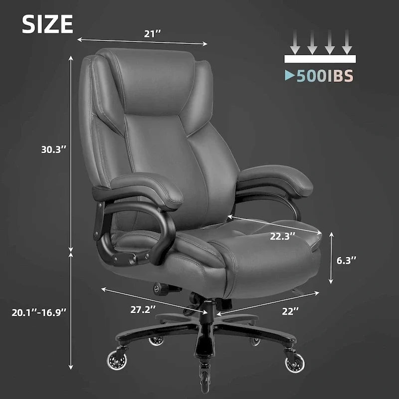 Chaise de bureau de direction Bossin grande taille et forte, 500 lb, avec support lombaire réglable, chaise ergonomique en cuir PU à dossier haut pour ordinateur