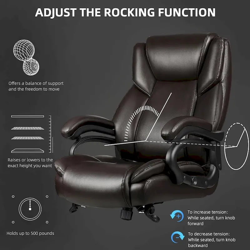 Chaise de bureau de direction Bossin grande taille et forte, 500 lb, avec support lombaire réglable, chaise ergonomique en cuir PU à dossier haut pour ordinateur