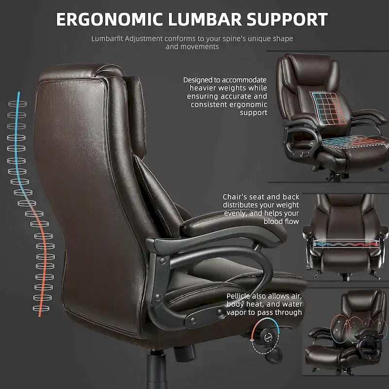 Chaise de bureau de direction Bossin grande taille et forte, 500 lb, avec support lombaire réglable, chaise ergonomique en cuir PU à dossier haut pour ordinateur